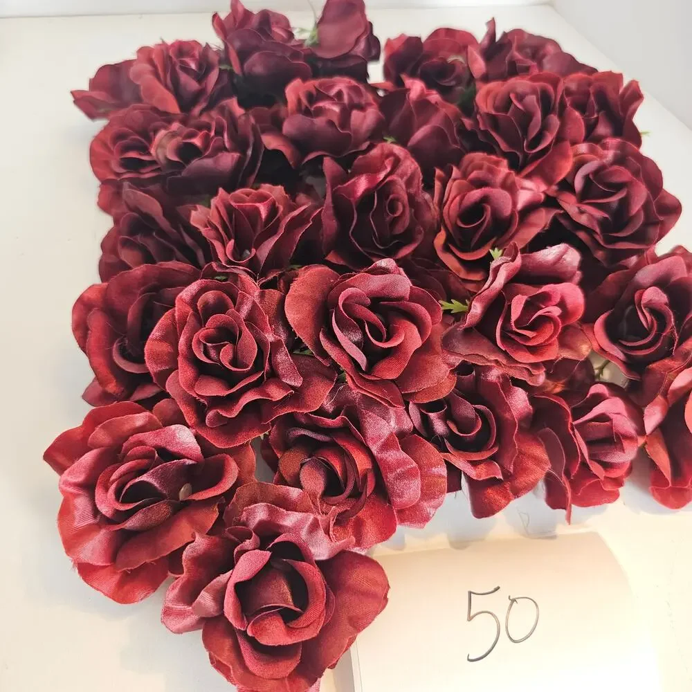 50 Burgundy Red Satin Rose Heads Stemless Wedding Floral Craft DIY 2.5in Flowers